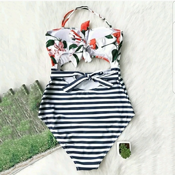 New Gorgeous Floral Stripe Monokini Bikini - Picture 2 of 3